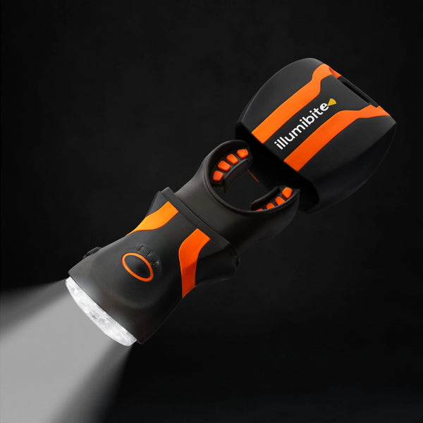 close-up studio image of illumibite hands-free flashlight highlighting compact design and LED lighting