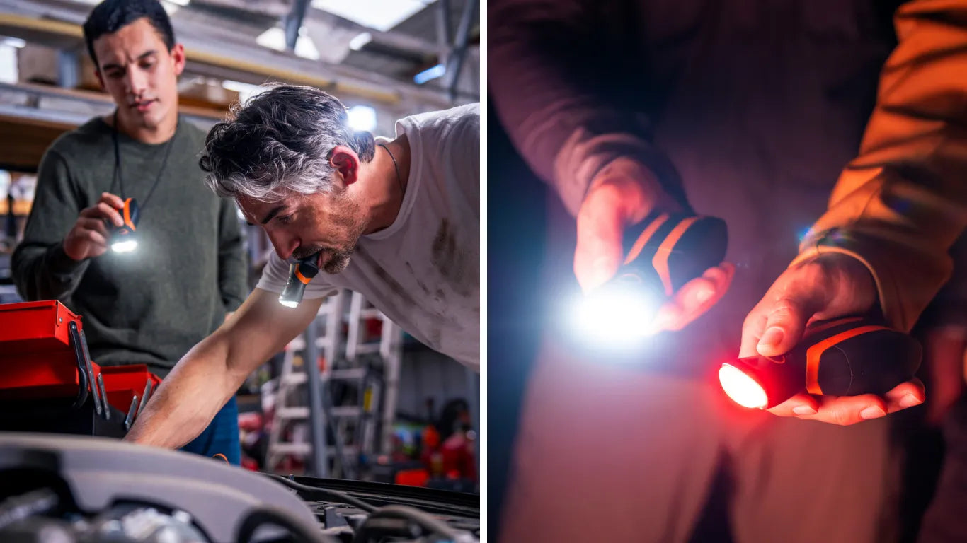 illumibite 2-in-1 flashlight used for hands-free car repair work in garage