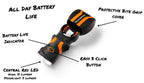 illumibite 2-in-1 flashlight in orange highlighting key features including all-day battery life, red LED, and protective bite grip cover