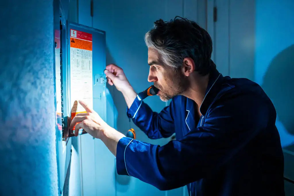 illumibite in bite grip mode providing hands-free lighting at an electrical panel, improving visibility while working in tight and low-lit spaces
