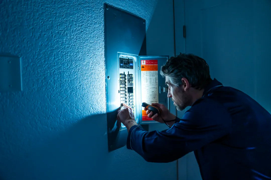 illumibite hands-free flashlight used at a home electrical panel during an emergency power outage, delivering reliable lighting for safe visibility and repair work