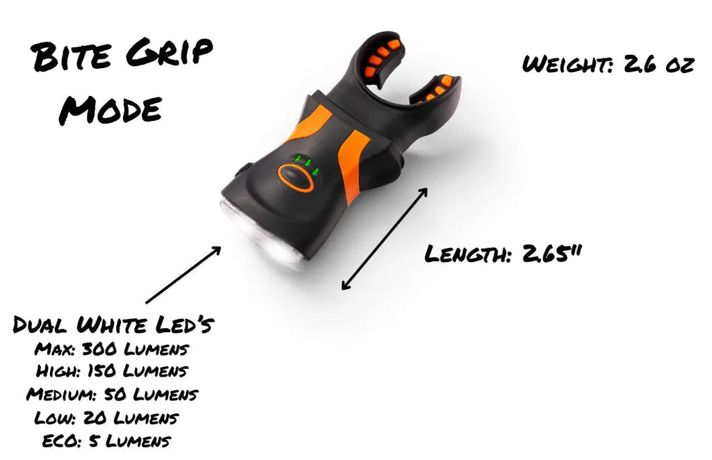 illumibite 2-in1 flashlight in orange displaying length and weight details with white LED lumen brightness output