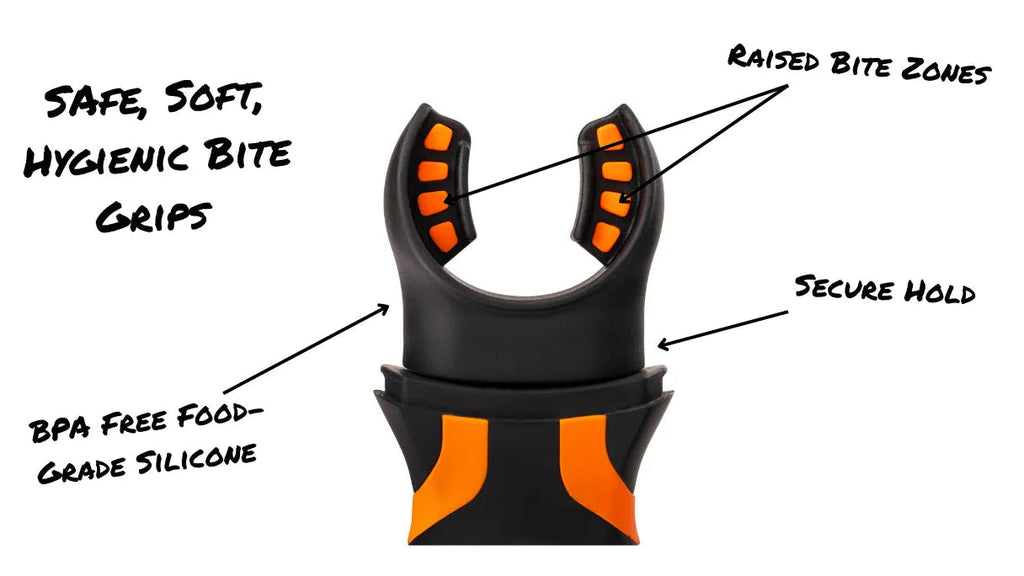 illumibite 2-in-1 flashlight in orange highlighting BPA-free food-grade silicone raised bite pads