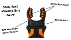 illumibite 2-in-1 flashlight in orange highlighting BPA-free food-grade silicone raised bite pads