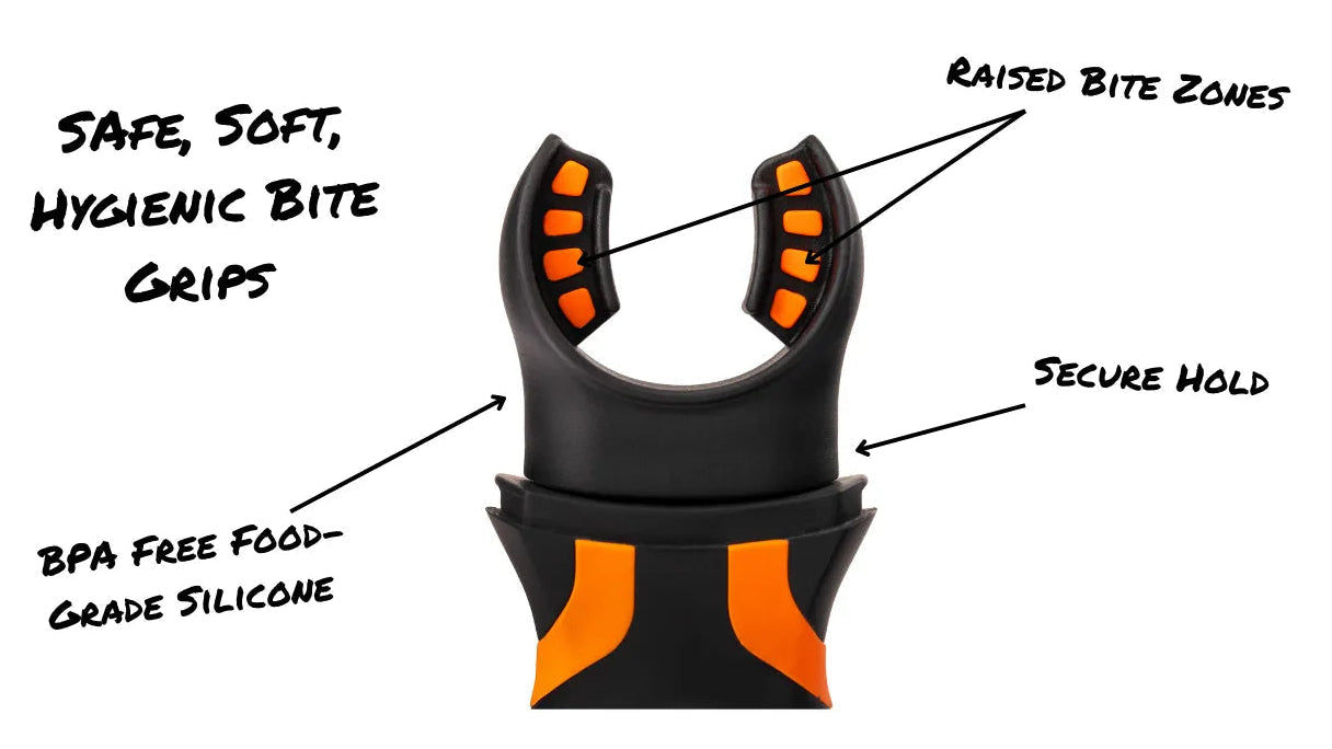 illumibite 2-in-1 flashlight in orange highlighting BPA-free food-grade silicone raised bite pads