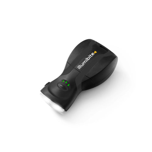 Black illumibite 2-in-1 flashlight displayed in a front angled studio shot in hand-held mode showcasing portable lighting design for everyday use