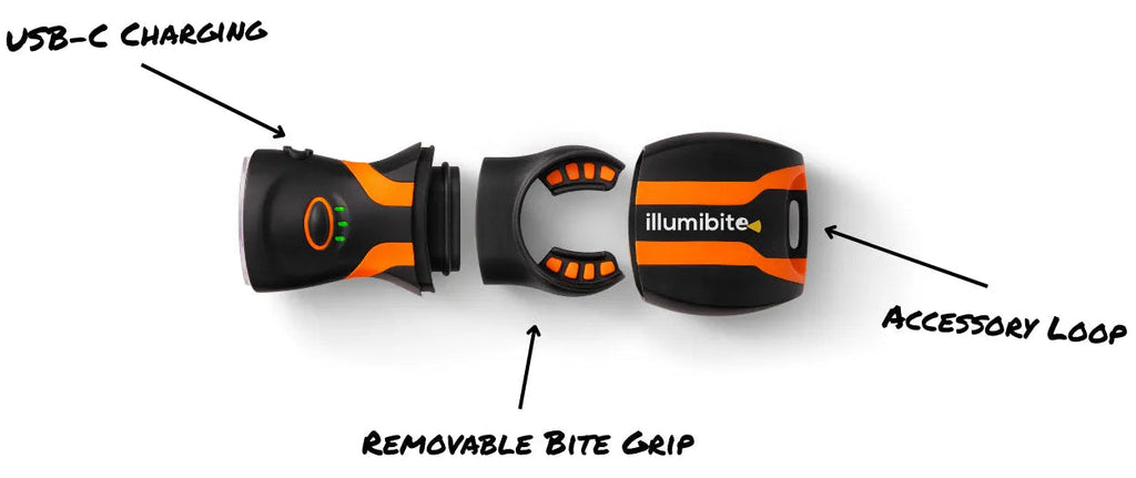 illumibite 2-in-1 flashlight in orange exploded view showing removable bite grip design