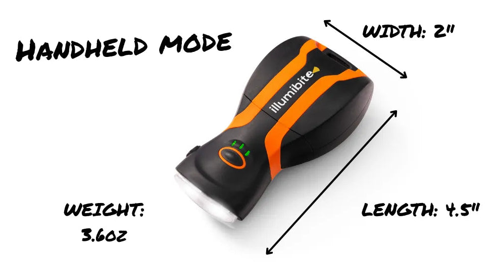 illumibite 2-in-1 flashlight in orange showing hand-held mode and compact design