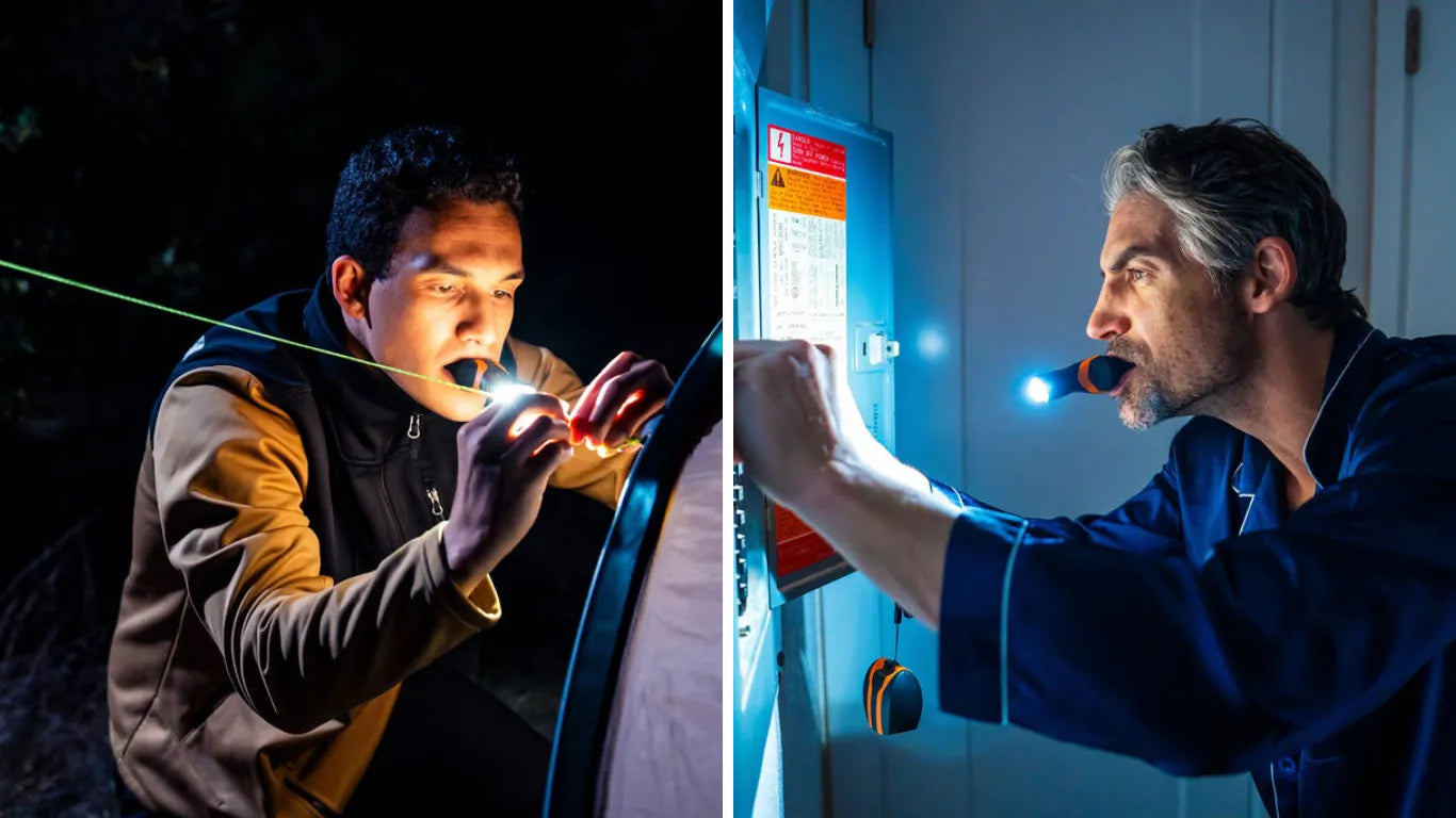illumibite hands-free flashlight shown in camping and emergency power outage scenarios