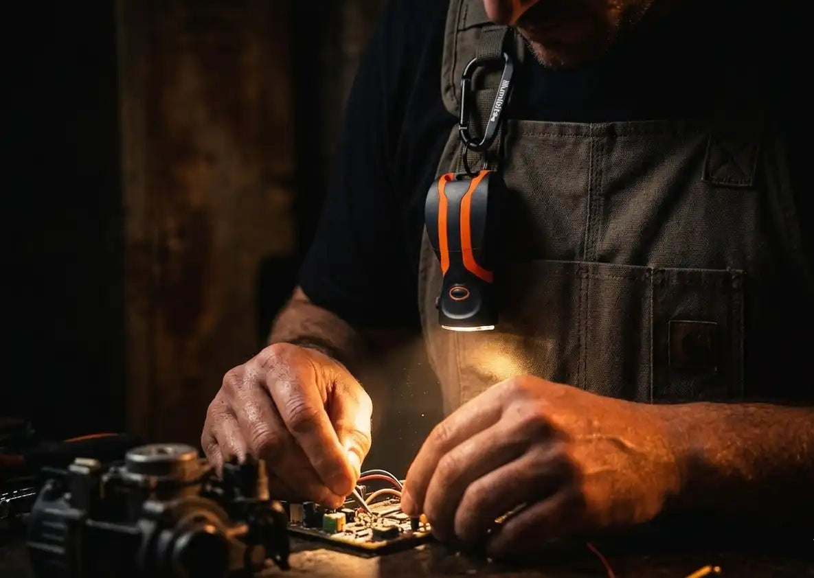 illumibite hands-free flashlight hanging from a carabiner clip illuminating a workspace for hands-free task lighting