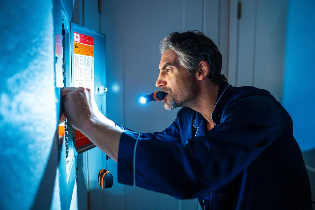 illumibite hands-free flashlight used by a homeowner during an emergency power outage, providing reliable lighting for electrical panel access and repair