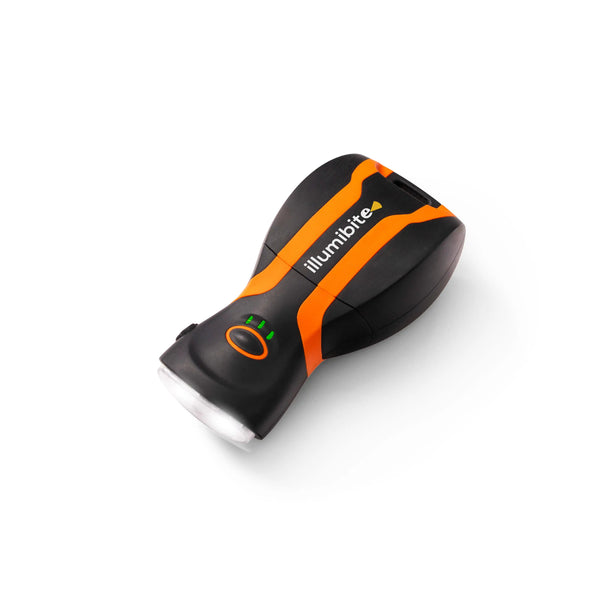 Orange illumibite 2-in-1 flashlight displayed in a front angled studio shot in hand-held mode showcasing portable lighting design for everyday use