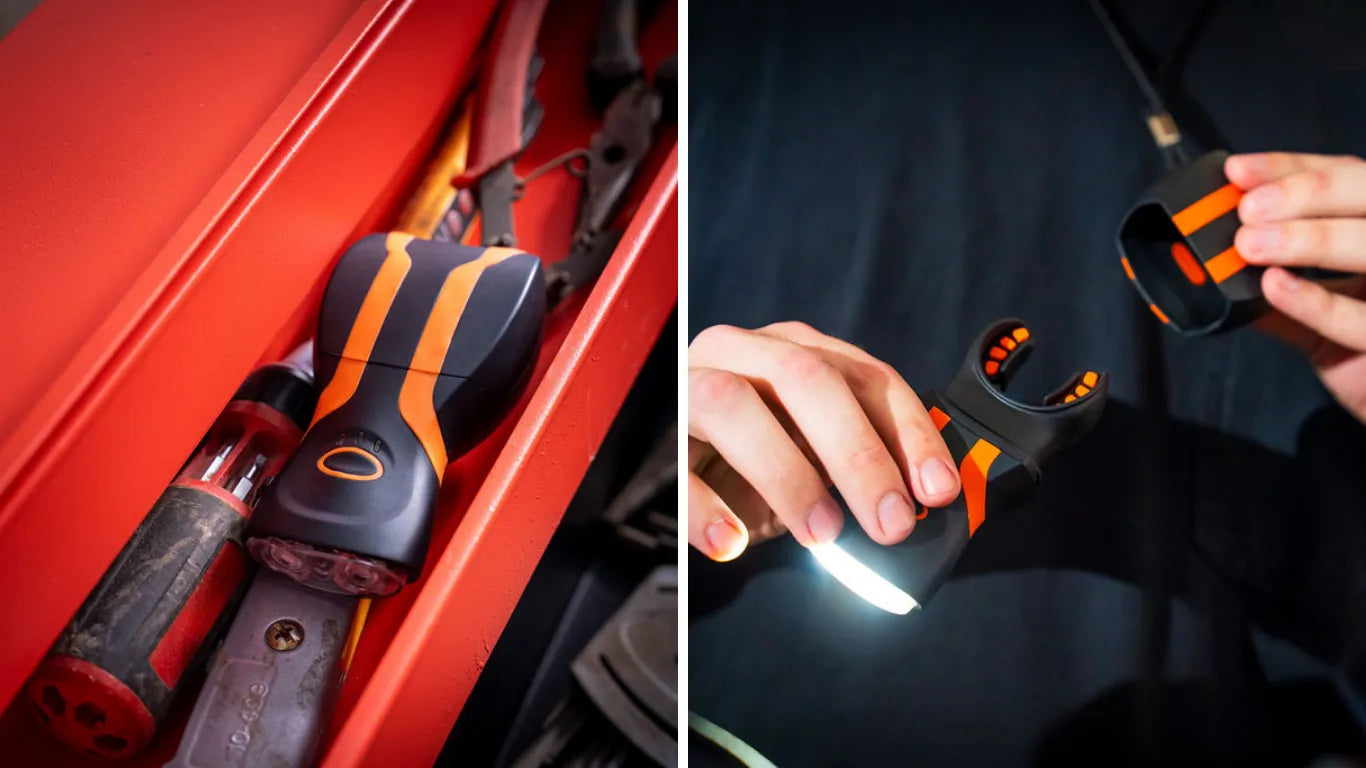 illumibite hands-free flashlight in toolbox with removable bite grip cover taken off to show replaceable silicone mouthpiece