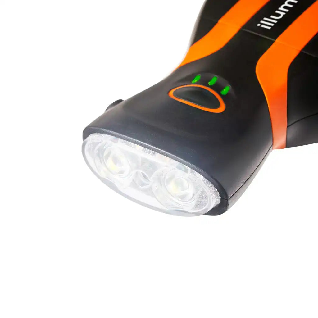 studio image of the illumibite dual LED flashlight lens showcasing wide flood beam illumination